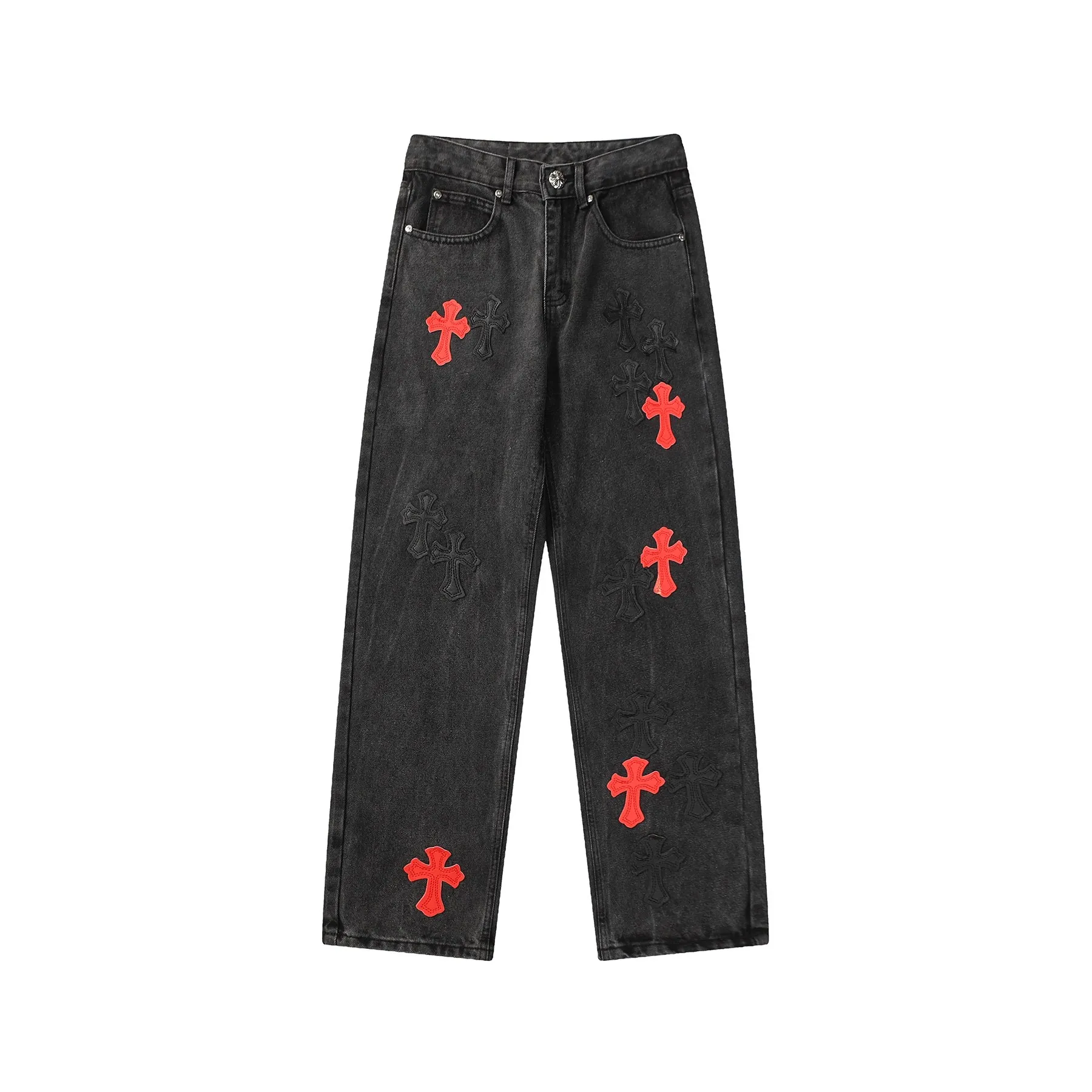 KE956 P240 The only correct leather label version on the market Chrome Hearts CH Red and black leather washed jeans Top ceiling quality 100% correct version The correct version is here!  Believe me this must be the best quality you will ever come across! ! Excellent value for money! !  Styles with different washes and textures are very friendly to people with thin legs and thick legs. The straight version is very flattering to the shape of the legs. The moderate length is timeless and easy to match. It is the basis of various styles and a must-have in the wardrobe! ! Add a little stacking to make the atmosphere easy to control. The fabric is stiff but the upper body is soft without losing texture. The sides and cuffs of some styles have a bone-wash effect. It’s really hard not to love it!  ✅Correctly customize the Croxin metal leather label on the back panel. It is definitely not sold directly with the cross on the finished jeans. 1:1 copying strives for excellence and the details are perfectly grasped. ✅The cross leather label is clear and smooth. Exquisite turning top craftsmanship. ✅Buttons, zippers and hardware are all customized versions of the Croxin LOGO. ✅High-cost washing process. Size: 28 30 32 34 36